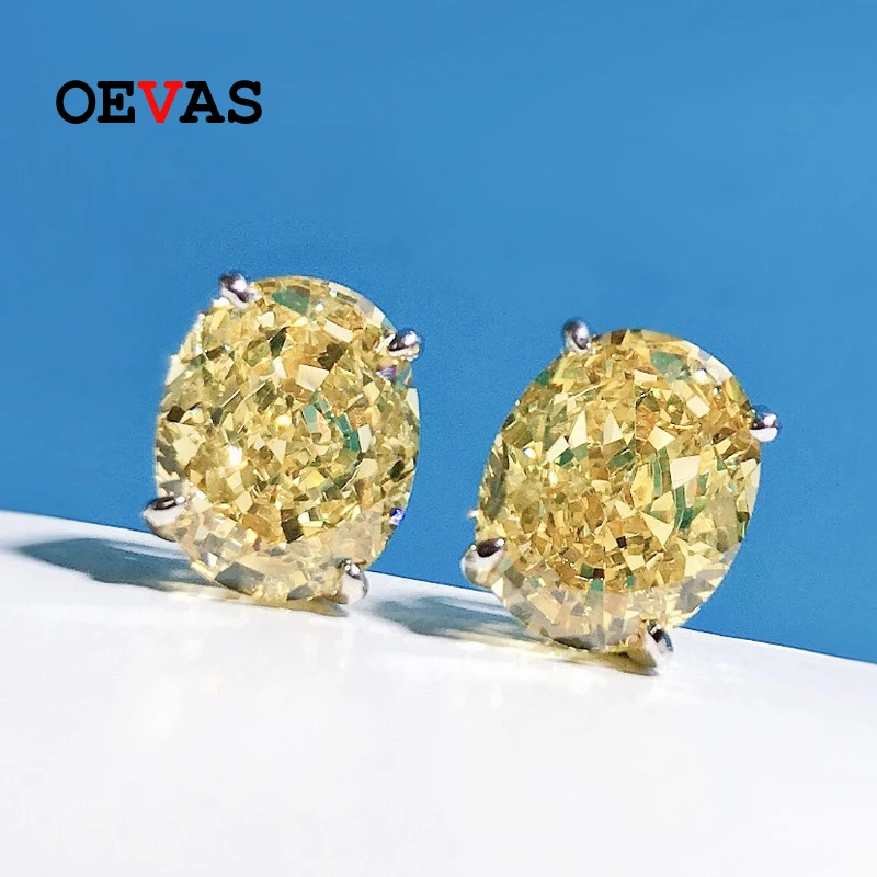 OEVAS 100% 925 Sterling Silver 8*10mm Yellow Pink High Carbon Diamond Stud Earrings For Women Sparkling Wedding Fine Jewelry