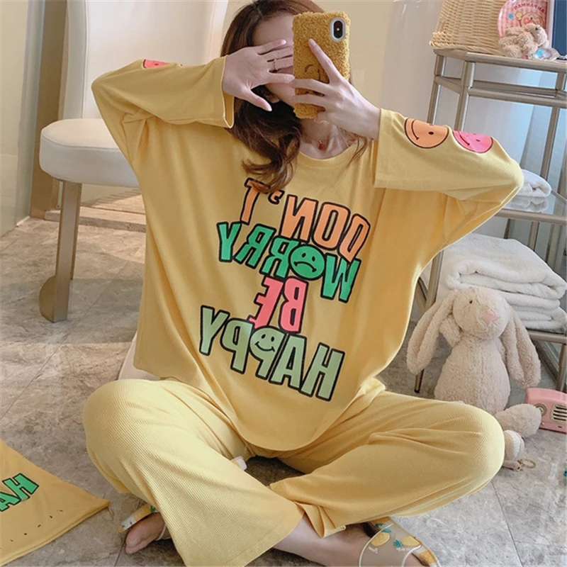 2020 new pajamas autumn ladies nightgown suit Korean version of  cotton round neck long sleeve home service loose pijamas women