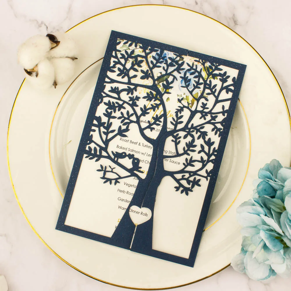 1X Laser Cut White Red Navy blue Gold Gray Tree Gate fold Wedding Invitations Cards Party Invite Bridal shower Greeting Birthday
