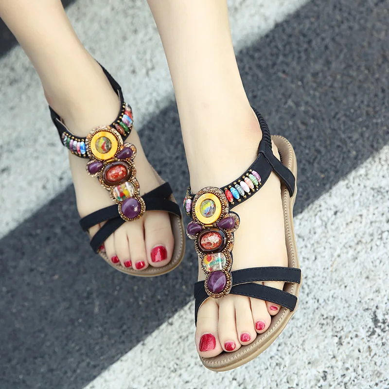 Casual Women\'S Sandals Dresses Bohemian Beach Woman Shoe 2021 Summer Ethnic String Bead Female Sandal Big Size 35 37 39 41 43 45