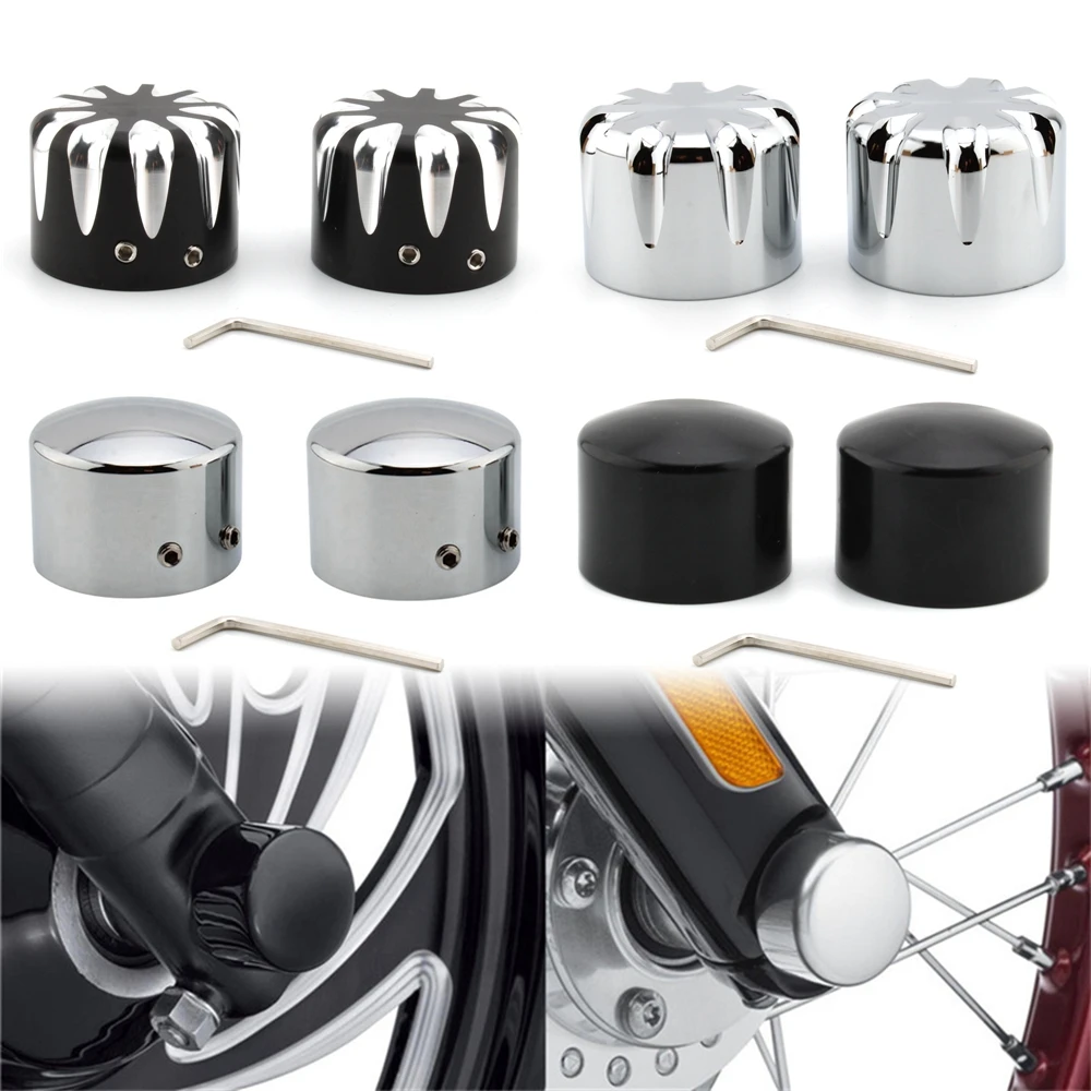 2xMotorcycle Front Axle Nut Covers Caps Aluminum Black/Chrome For Harley Sportster Touring Softail Dyna VRSC Fat Bob Wide Glide