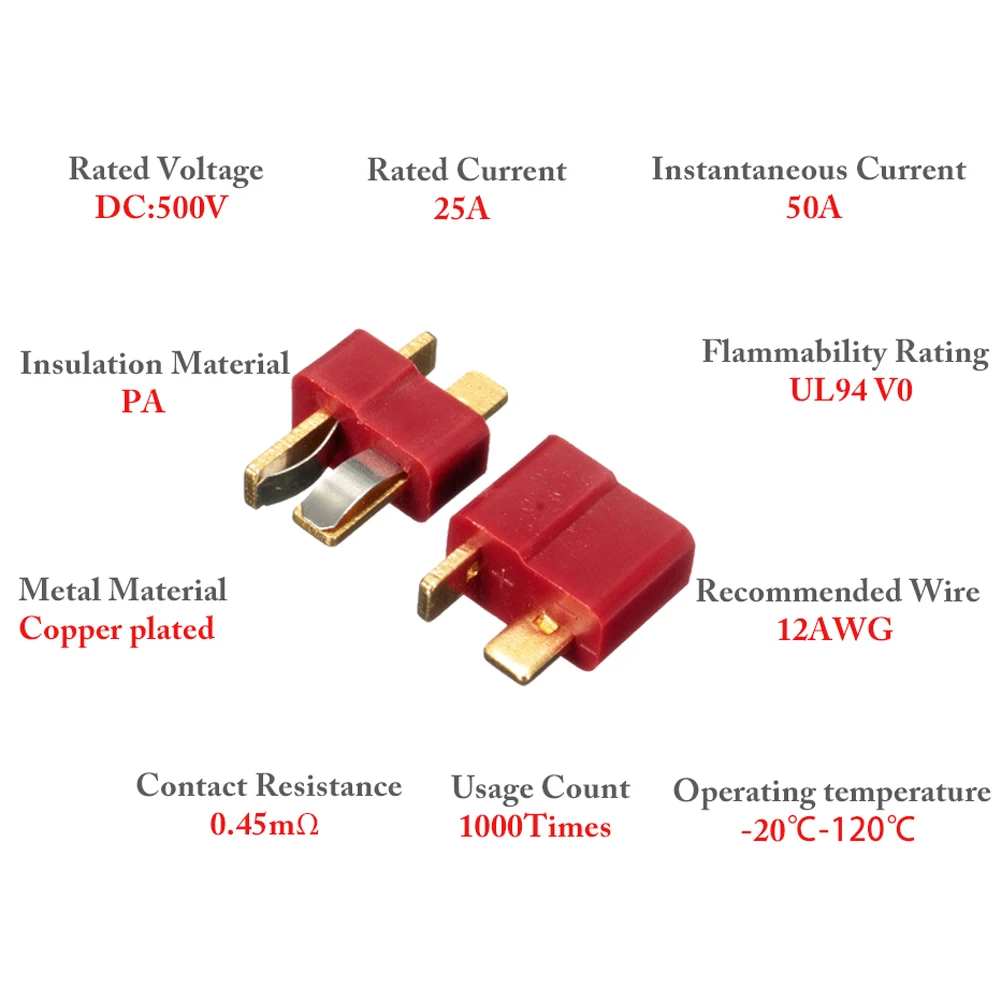 20pcs/lot T Plug Deans Connectors Male & Female DC 500V 25-50A For RC Hobby Helicopter Lipo Battery DIY Accessories Wholesale