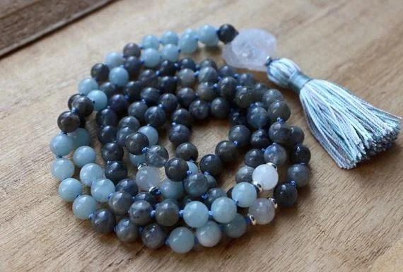 Labradorite Mala Beads 108, Aquamarine Mala Necklace, Knotted Mala, Tassel Necklace, Yoga  Necklace