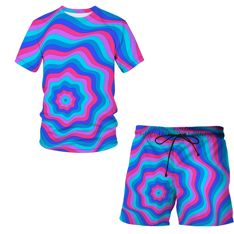 

2021 Gorgeous psychedelic Pattern Summer 3D Printed Men's T-shirt Shorts Set Men's Beach O Neck Short Sleeve Men's Clothing Suit