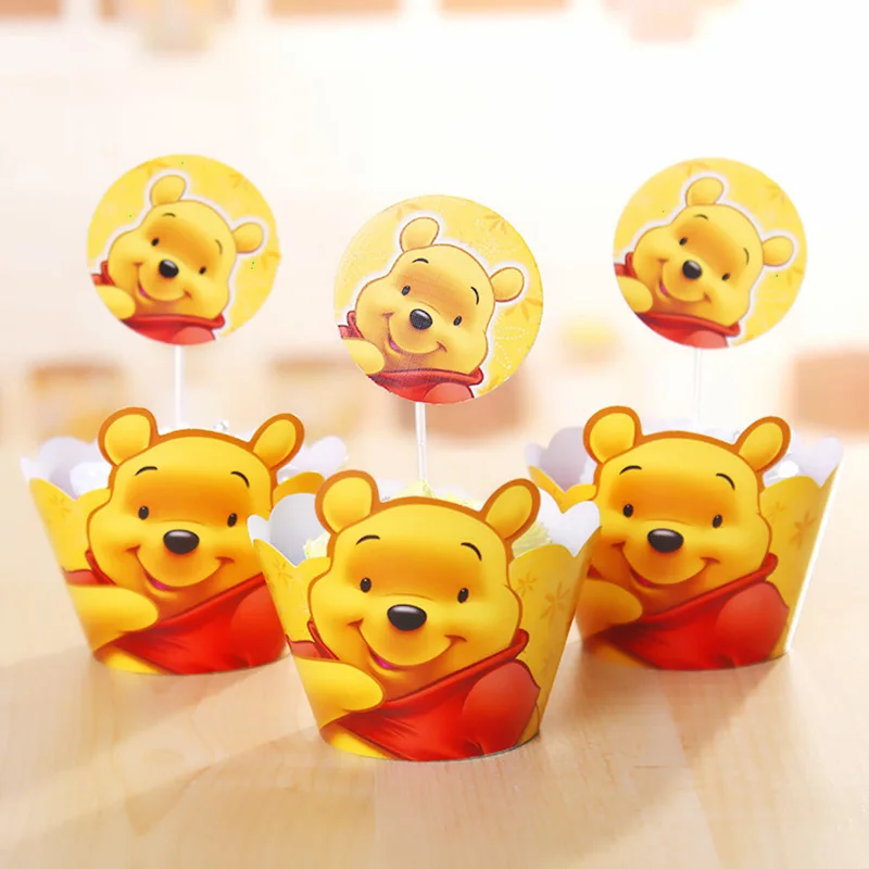 Disney Winnie the Pooh Theme Party Supplies 12pcs wraps+12pcs toppers Cupcake Wrappers Toppers Kids Birthday Party Decoration