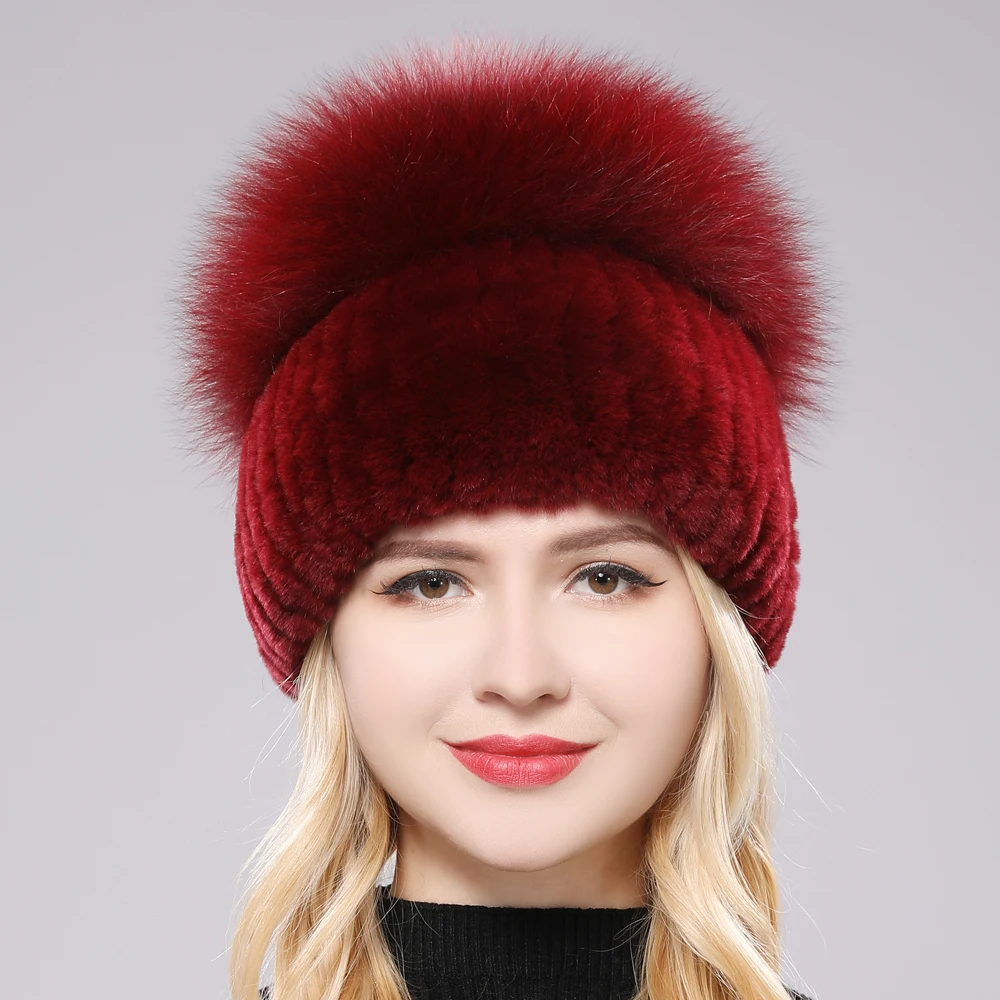 Female\'s Hat Good Elastic Natural Fluffy Real Fox Fur Hat New Winter Women Knitted Real Rex Rabbit Fur Hats Lady Real Fur Cap