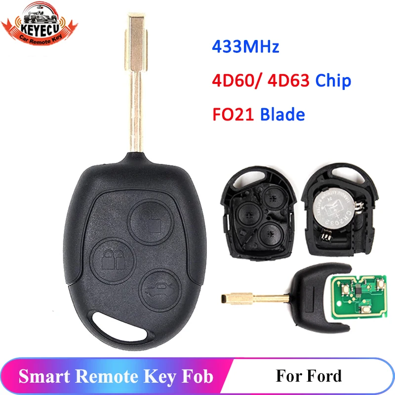 

KEYECU 3 кнопки дистанционного ключа Fob 433 МГц 4D60 4D63 чип для Ford Mondeo Фокус Fusion Fiesta Galaxy транзит полный ключи FO21 лезвие