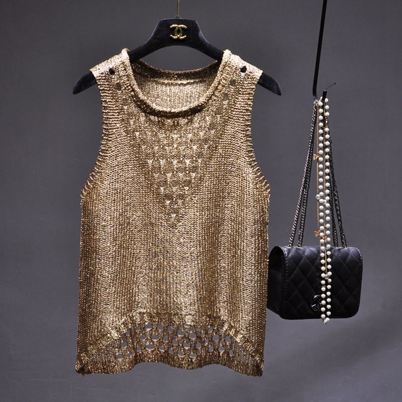 Fashion Personality BINGBING Sparkling Sequins Hollow Out Light Silk Sleeveless Sweater Vest Vest Coat Female The New Summer