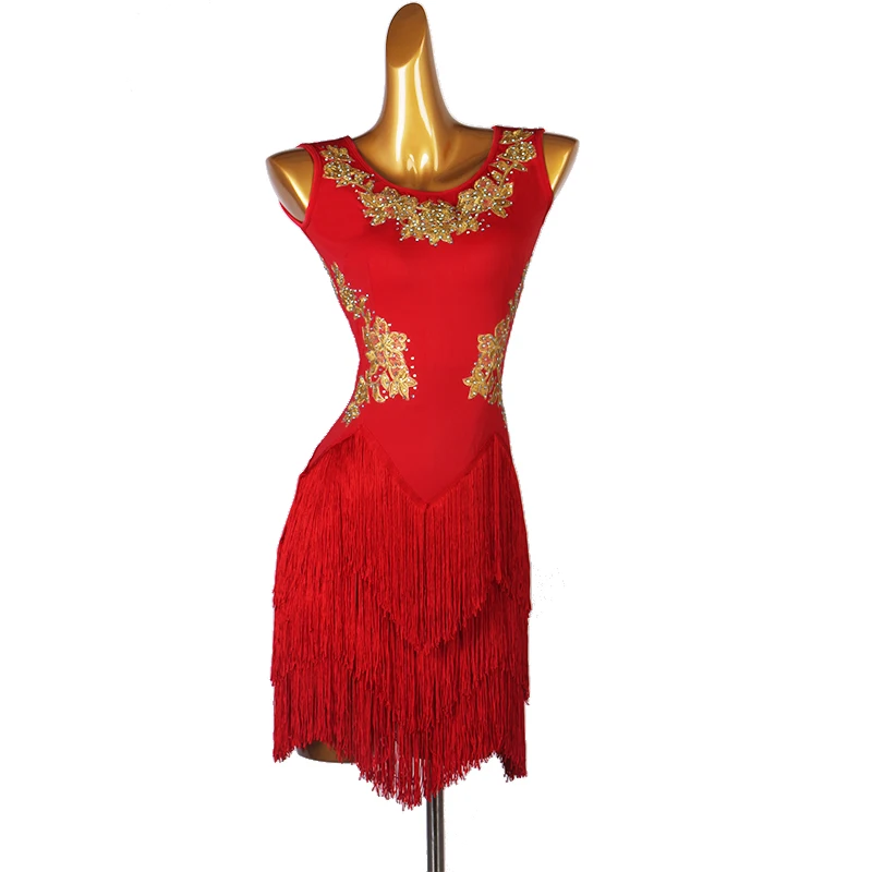 Robe de danse latine pour femmes, élégante, rouge, jupe à franges épaisses, Costumes de concours de salle de bal sur scène