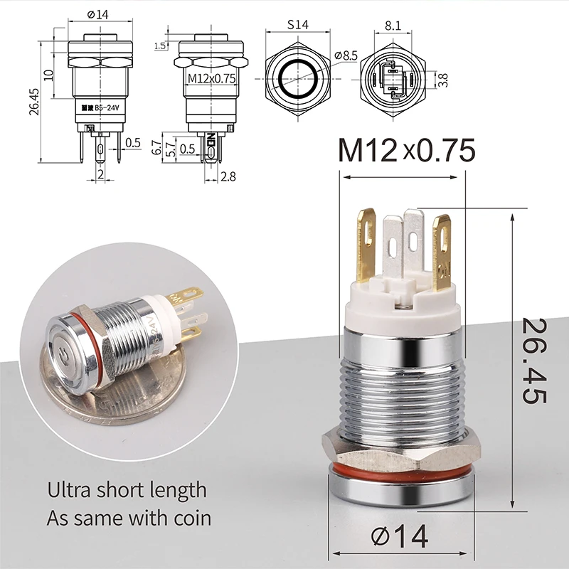 LANBOO 12E Series High Quality Switch 7A High Power 1NO With Ring Or Power LED  Metal push button switch with car boat