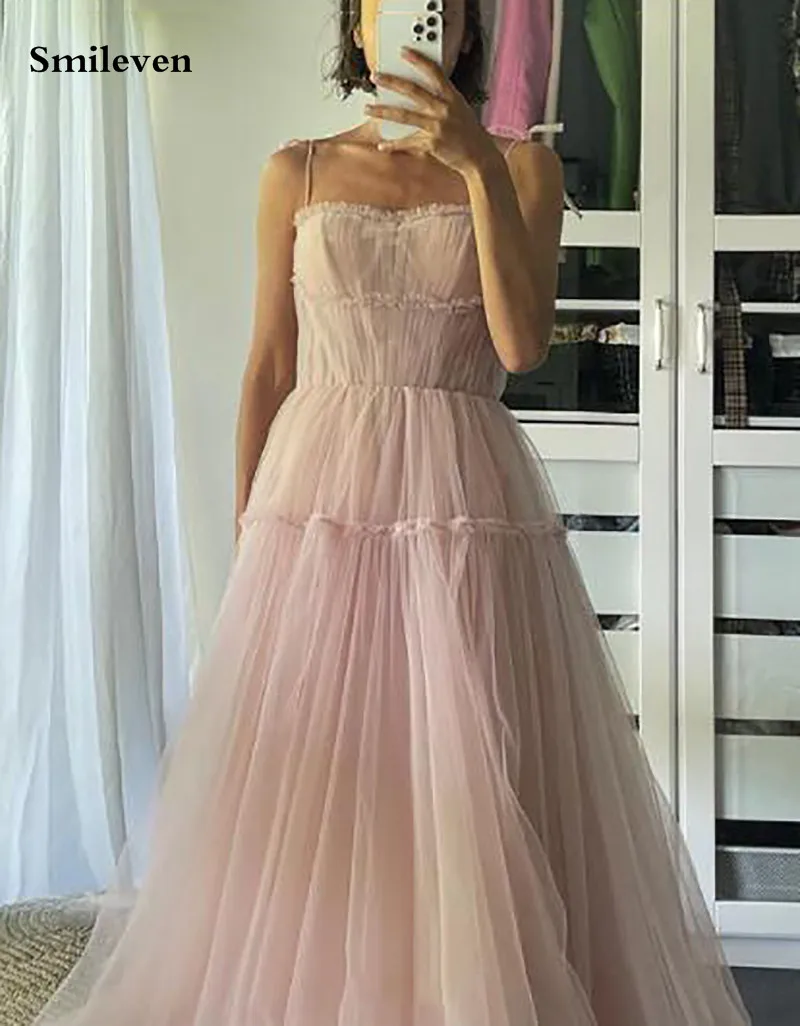 Smileven Blush Pink Spaghetti Strap Longo Prom Dresses Floor Length A-Line Party Dresses Puffy Tulle Elegant Formal Gown