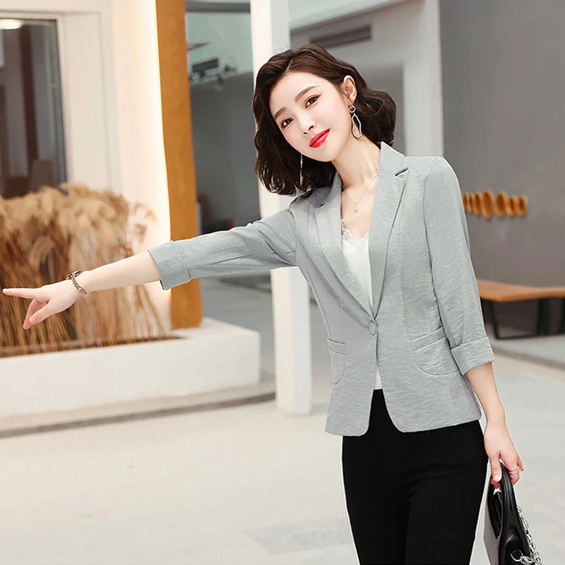 Women Cotton Linen Casual Blazer Jackets Workwear Office Short Coats Korean Thin Breathable Blazers Feminino Vintage Ladies Tops