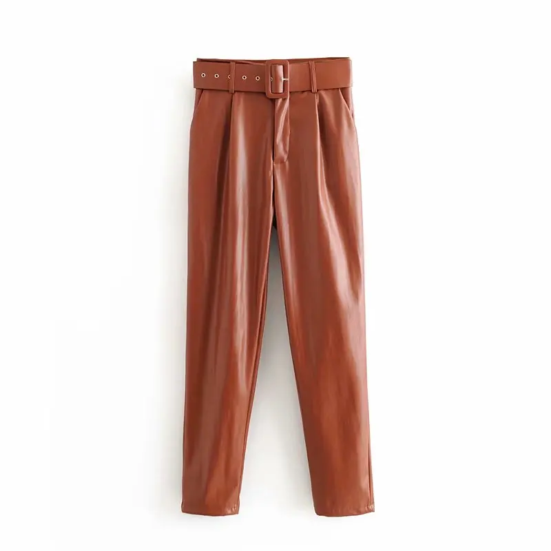 Donne Chic Nero Dell'unità di Elaborazione Del Faux Pantaloni di Pelle di Modo di Vita Alta Tasche Signore Ufficio Pantaloni con La Cinghia Casual Pantaloni a Pieghe Gonne E Pantaloni