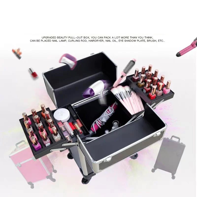 Tattoo Nail rolling luggage Trolley Makeup Suitcase Cosmetic Drag Box Multifunction Aluminum Hair Toolbox Large Capacity