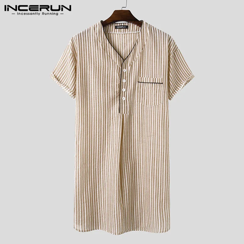 INCERUN Leisure Striped Homewear Men Cotton Sleepwear Summer Short Sleeve V Neck Nightgown Breathable Comfy Nightwear Plus Size