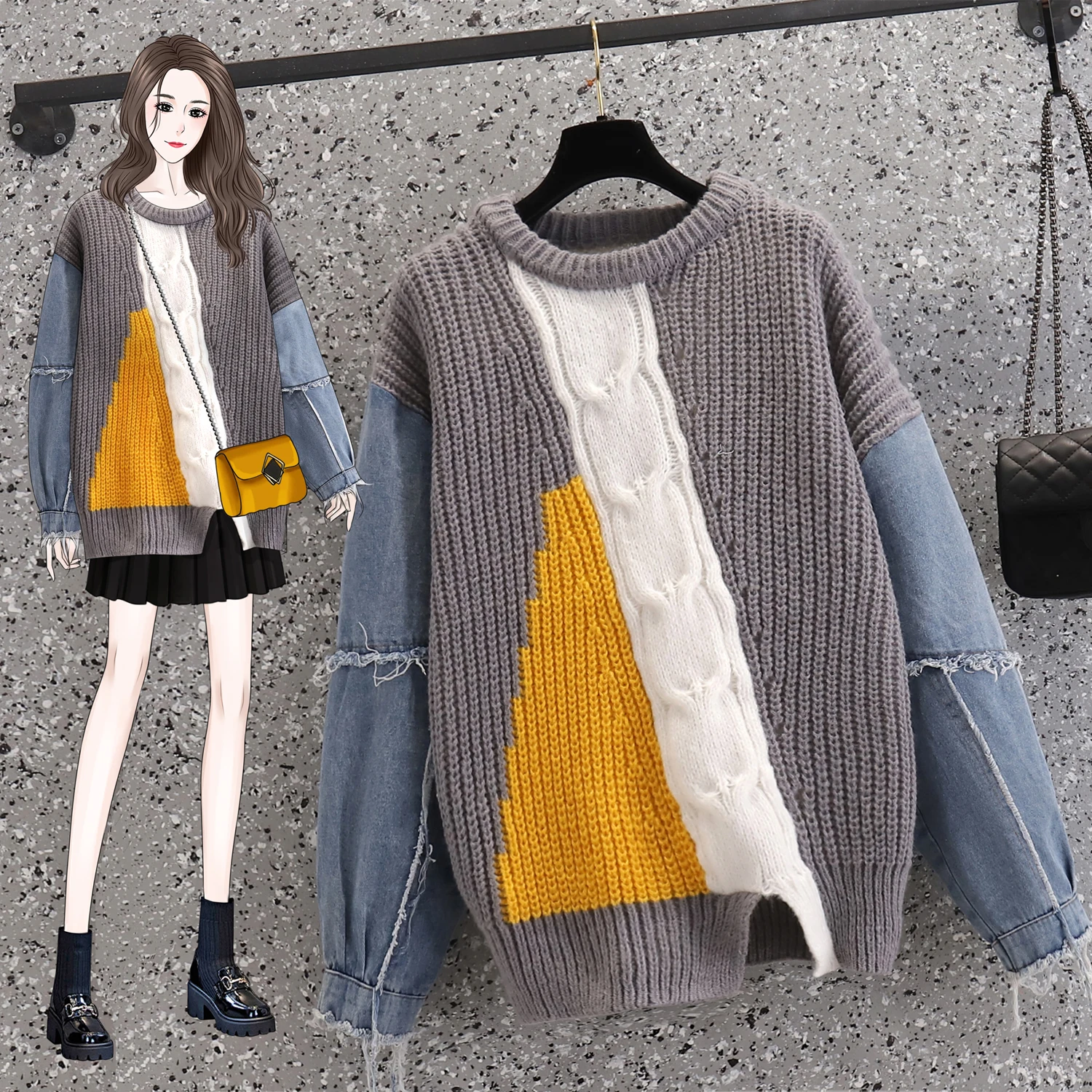 2023 Autumn Winter Sweater Women Casual Twist Woman Sweater Pullovers Denim Patchwork Jumper Warm Teen Oversized Streetwear