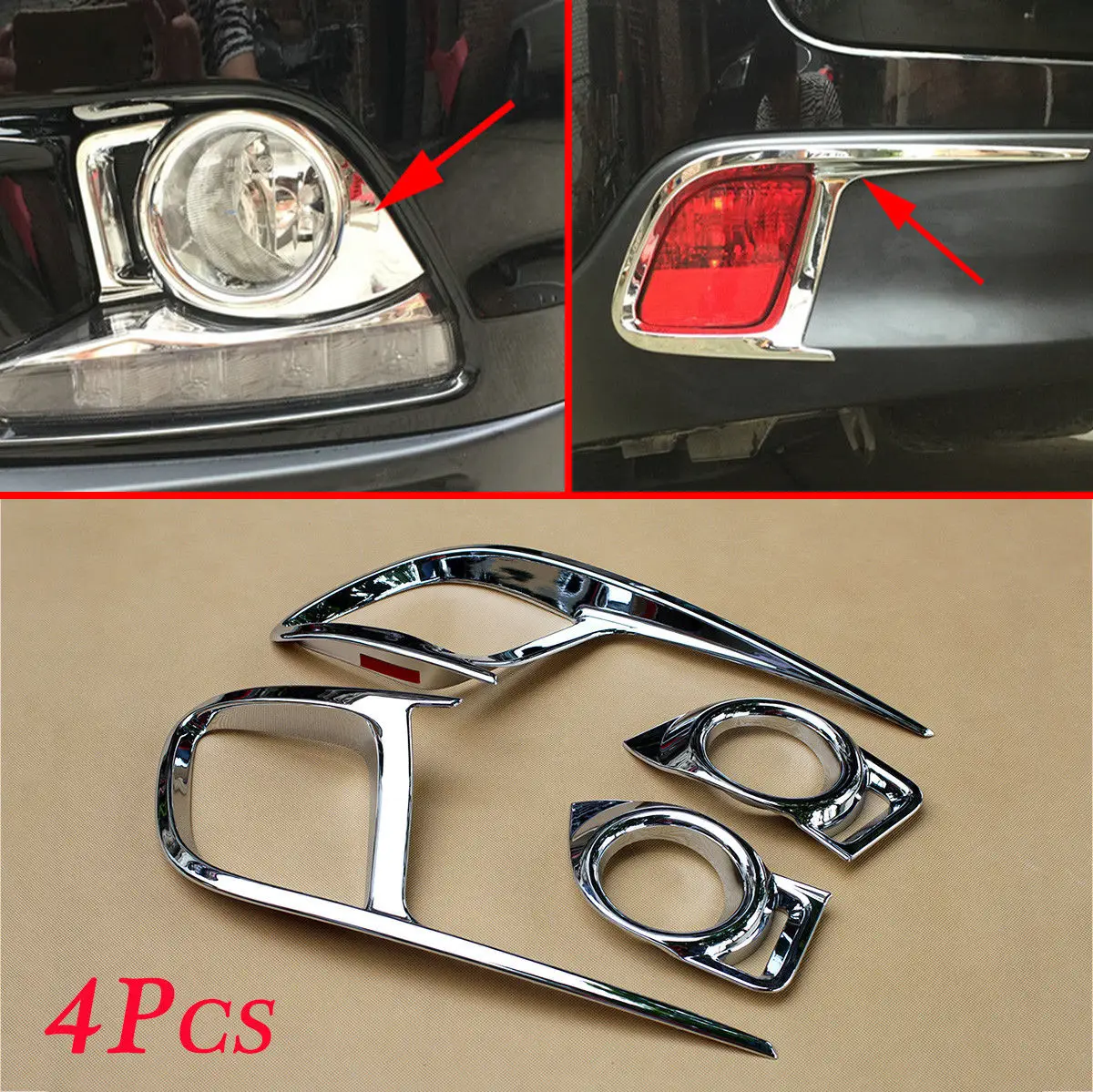 

Chrome Trim Fit For Toyota Highlander Kluger 2014 2015 2016 Front + Tail Fog Light Lamp Cover 4X Accessories