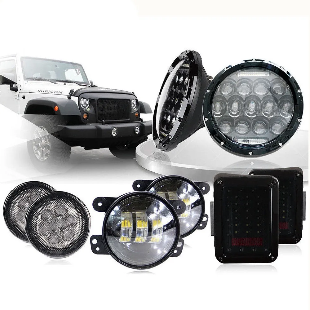 For 07-18 Jeep Wrangler JK 7Inch 75W Headlights 4 Inch Front Bumper Fog Turn Signal Lights With Led Rear Tail Light Set