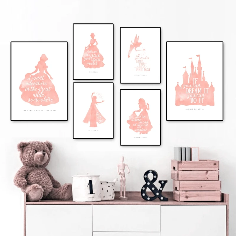 Pink Baby Girl\'s Room Decor Princess Castle Silhouette Fairy Posters & Prints Watercolor Art Picture Canvas Painting Decoration