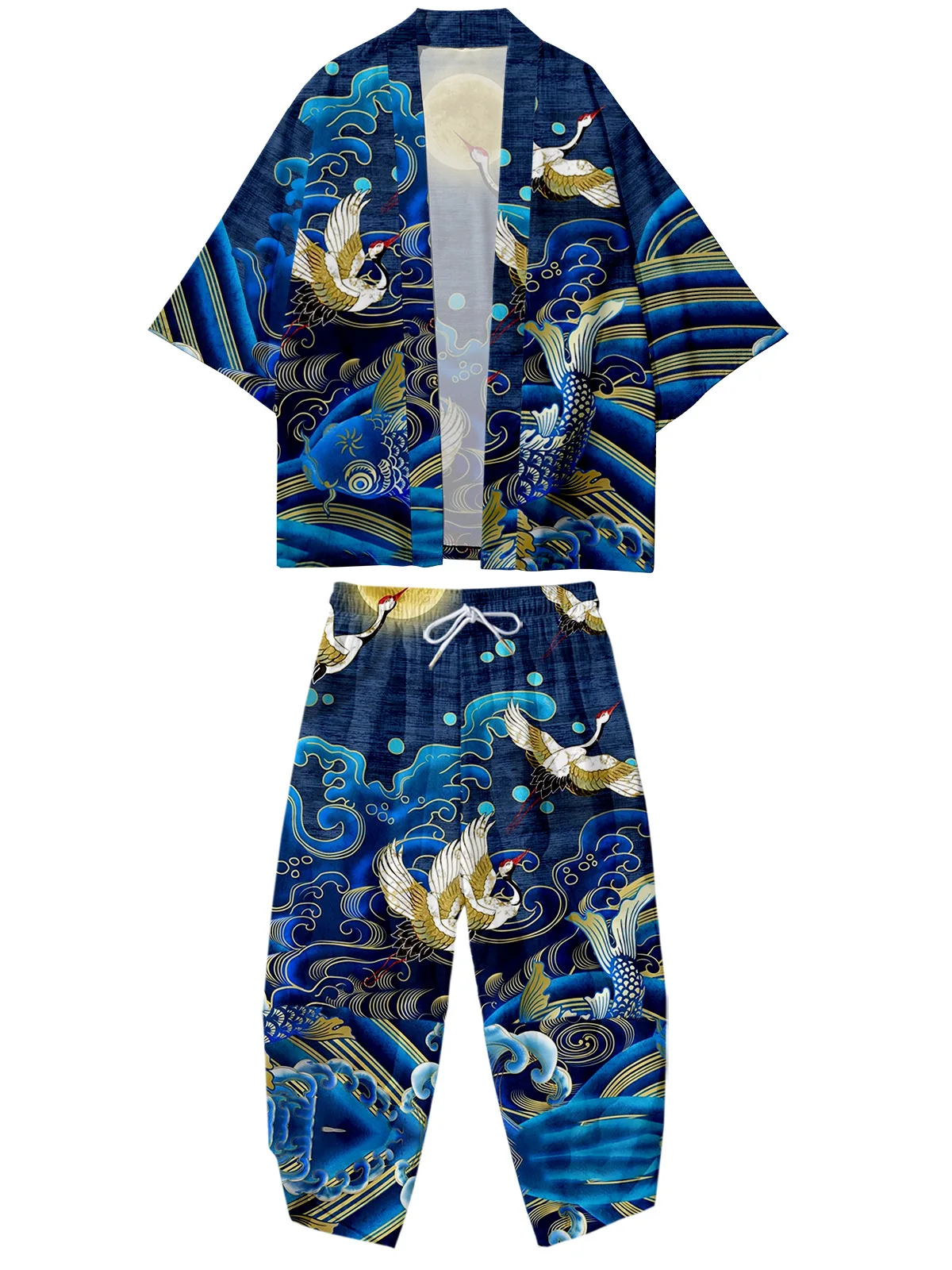 

Men Women Kimono Crane Print Yukata Fashion Cardigan And Pant Suit Haori Obi Asian Harajuku Japanese Cosplay Kimono