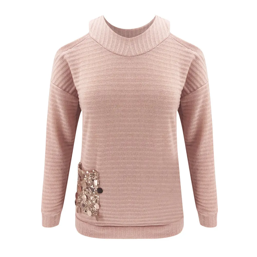 New Women Bead Sequins Pockets Sexy Loose Sweater Round Neck Off Shoulder Knitted Sweaters Autumn Winter Clothes Sueter Mujer