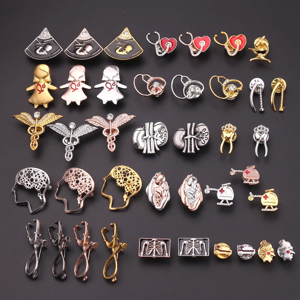 20pcs/lot Mix Style Enamel Alloy Medical Nurse Organ Stethoscope Brooch Heart Brain Brooches Pin