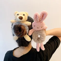 Śliczne pluszowe Scrunchie Cartoon Bear Rabbit elastyczne opaski do włosów dziewczyny kobiety uchwyt na kucyk gumka do włosów krawat zimowe akcesoria do włosów