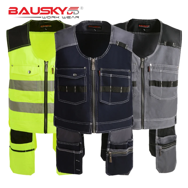 Bauskydd High Quality Men Male Female Outdoor Workwear Mens Work Vests Multifunction Tool Multi Pockets Vests Blue/Grey