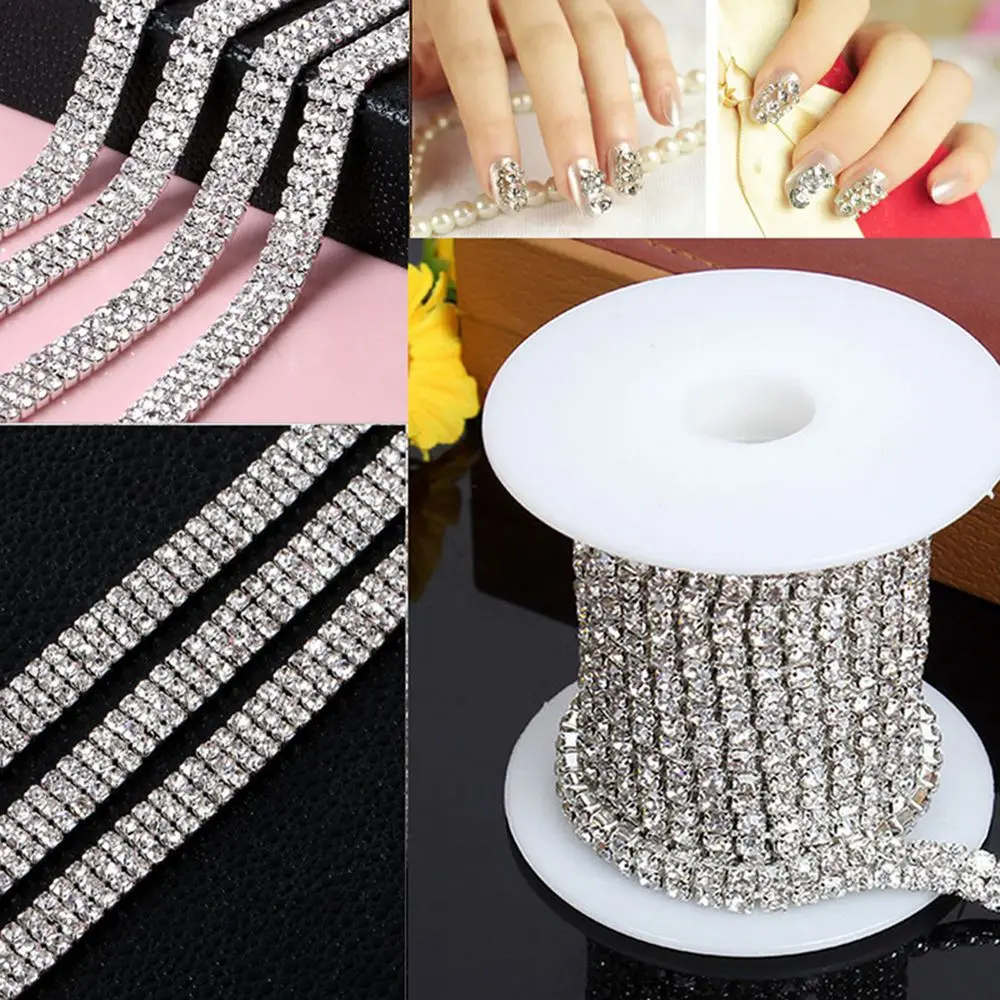 1/2/3-row 1Yard Silver Crystal Rhinestones Chain Flatback Silver Claw Rhinestone Trim Crystal for DIY Handcraft Sewing Applique