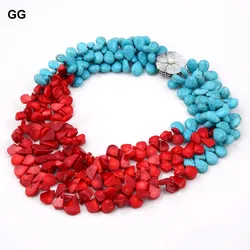 GG 3 Rows Natural Red Coral Blue Turquoise Teardrop Stone Necklace Handmade For Women