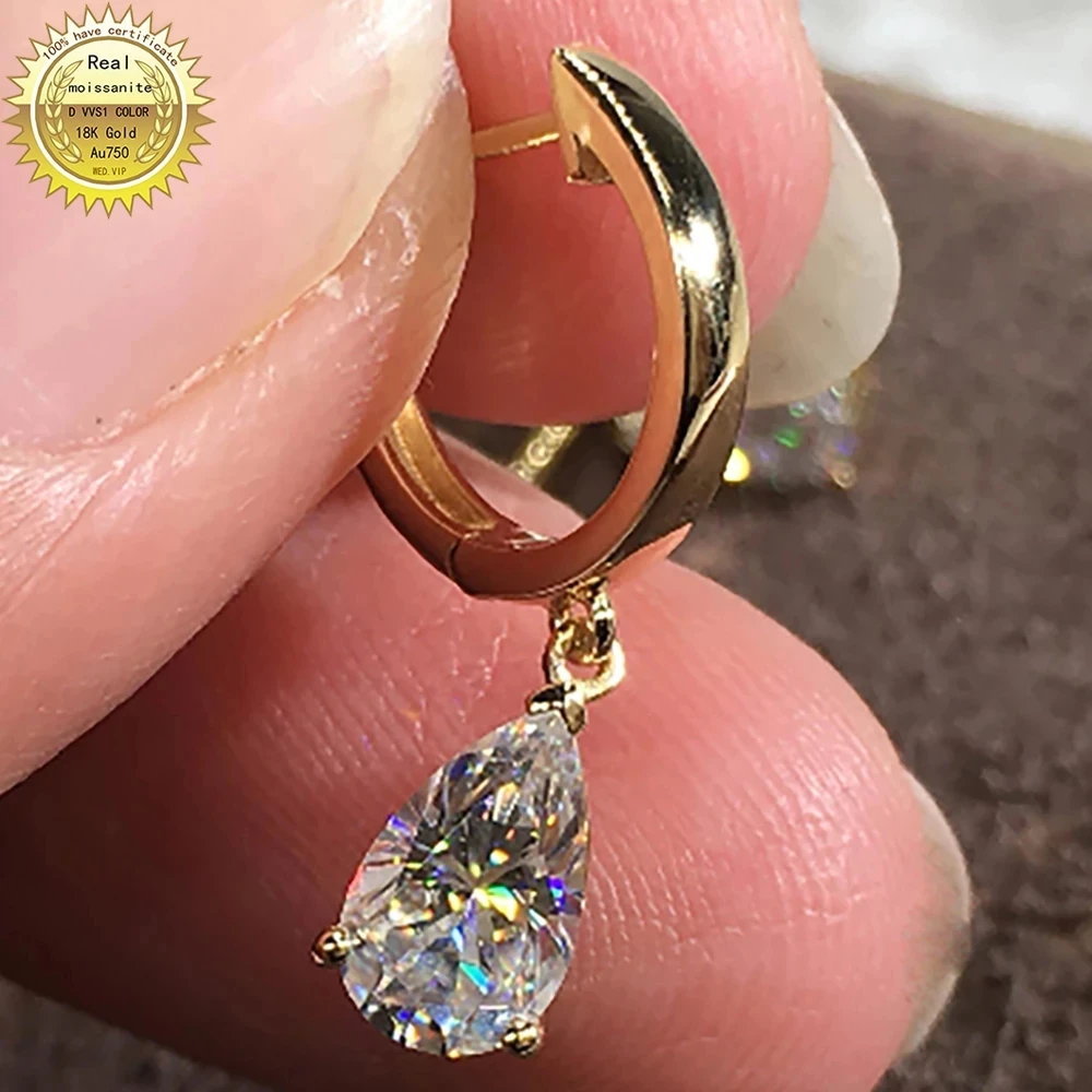 18K Au750 Yellow Gold Earrings 0.5 1 2 3 Carat Pear cut DVVS Moissanite Diamond Present Wedding Anniversary Engagement Party