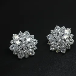 925 Sterling Silver AAA Cubic zirconia Flowers Stud Earrings For Women Luxury Bride lady fashion jewelry Anti allergy