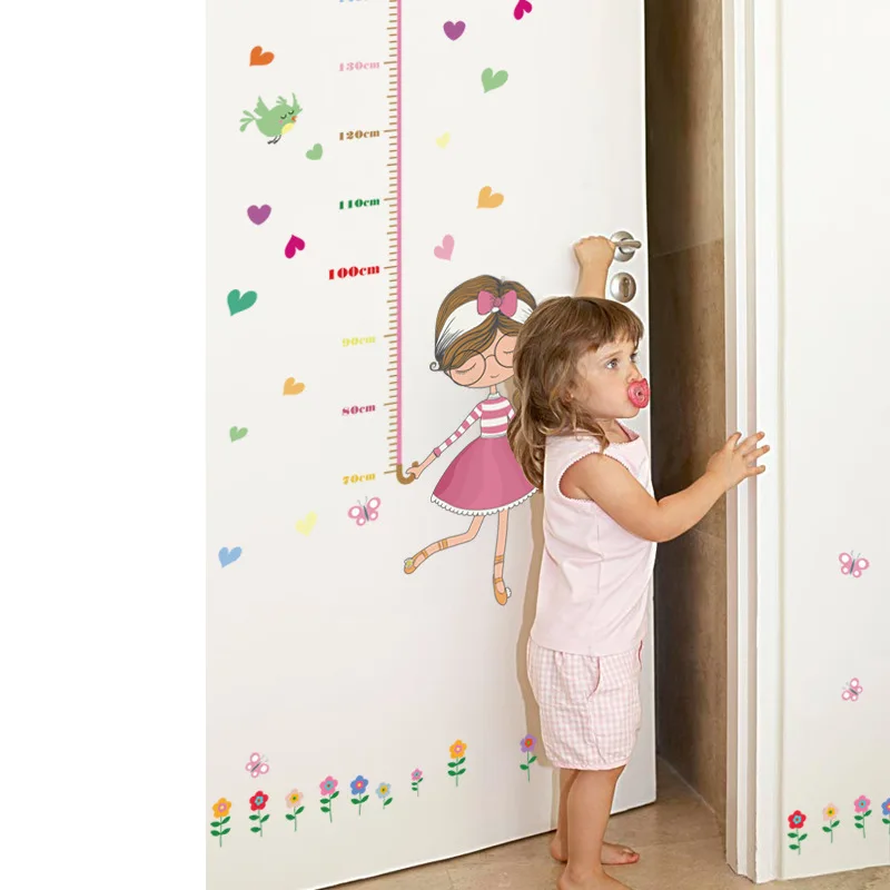 Lovely cartoon measurement height wall stickers umbrella For girls bedroom flower butterfly bird heart decor diy wallpaper decal