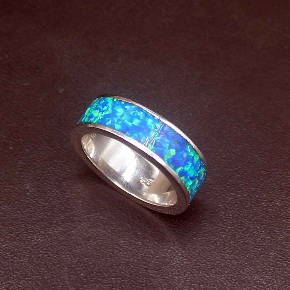 

Hermosa Elegant Mystical Blue Opal Genuine 925 Silver Band Ring Wedding Engagement Gifts for Women Size 7# 20214348