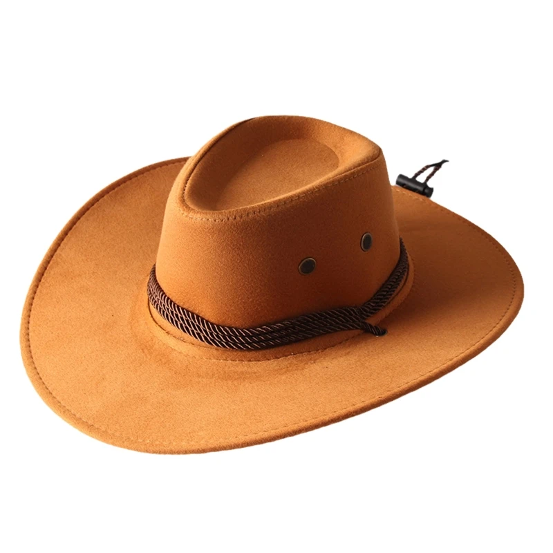 Fashion Wide Brim Western Cowboy Hat with Windproof Rope Solid Color All-match for Casual Vacation