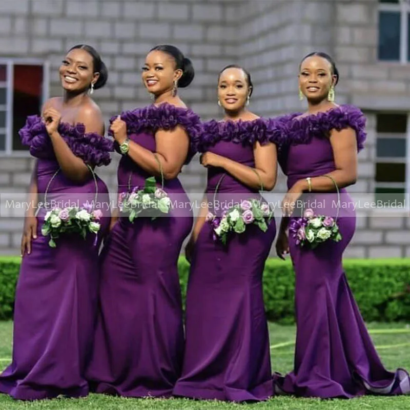 Customized Dark Purple Bridesmaid Dresses with Ruffles Plus Size Mermaid African Women Long Wedding Party Dress Robe De Soiree