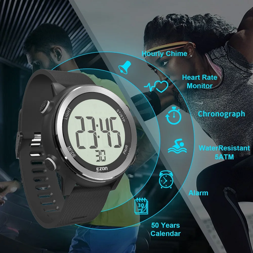 Imagem -04 - Relógio Digital com Monitor de Frequência Cardíaca Masculino Bluetooth Correia Peito Corrida Ciclismo Esportes Relógios Polares Alarme Cronógrafo Calorias