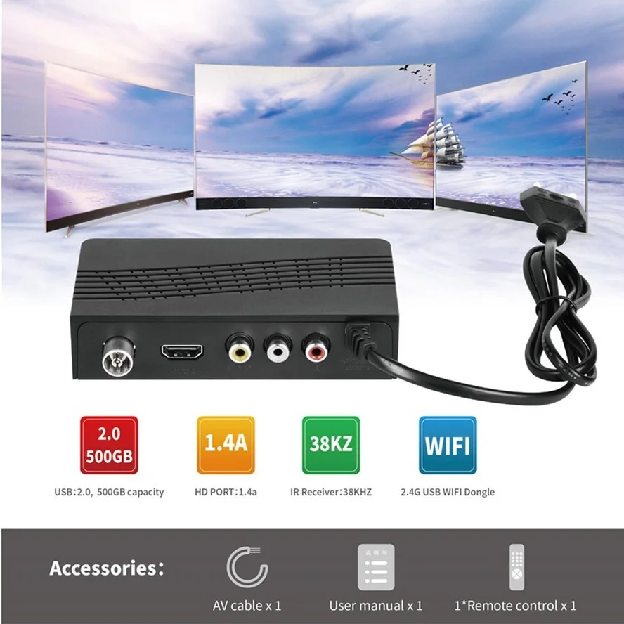 Decodificador de Satélite do Receptor Sintonizador de TV HD, Manual Russo Embutido, Adaptador de Monitor, Adaptador, DVB T2, USB 2.0, HDMI, 1080P, DVB-T2