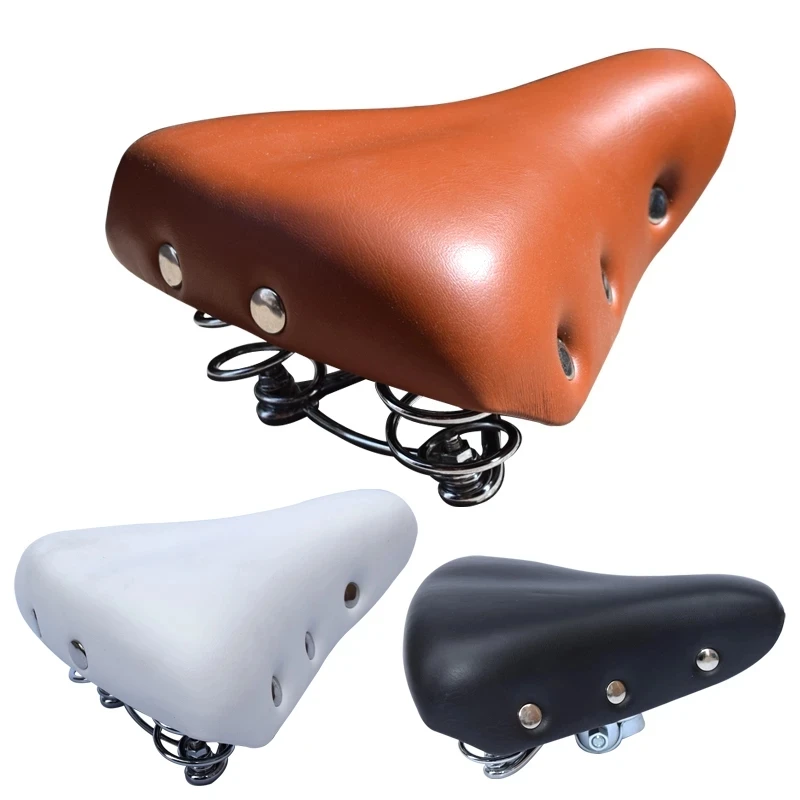 Bicycle Saddle Vintage Bike Seat Leather Cushion Comfortable Cycling Parts Seatstay Rivet Design Black White Brown Colors