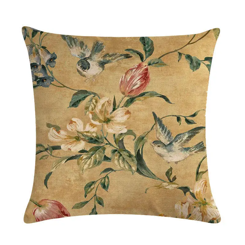 Vintage Flower Birds Cushion Cover Romantic Paris Valentine's Day Floral Pillow Cover Linen Cotton Sofa Couch Throw Pillows T109