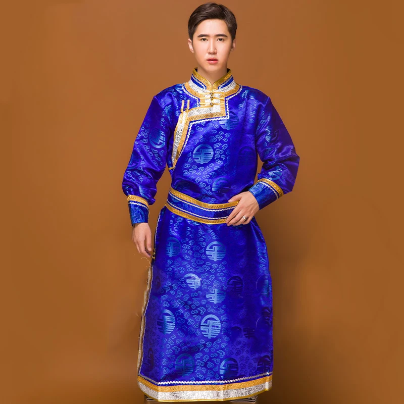 Mongolia clothes male national blue Gown adult mongolian Robe grassland festival stage wear ethnic costume