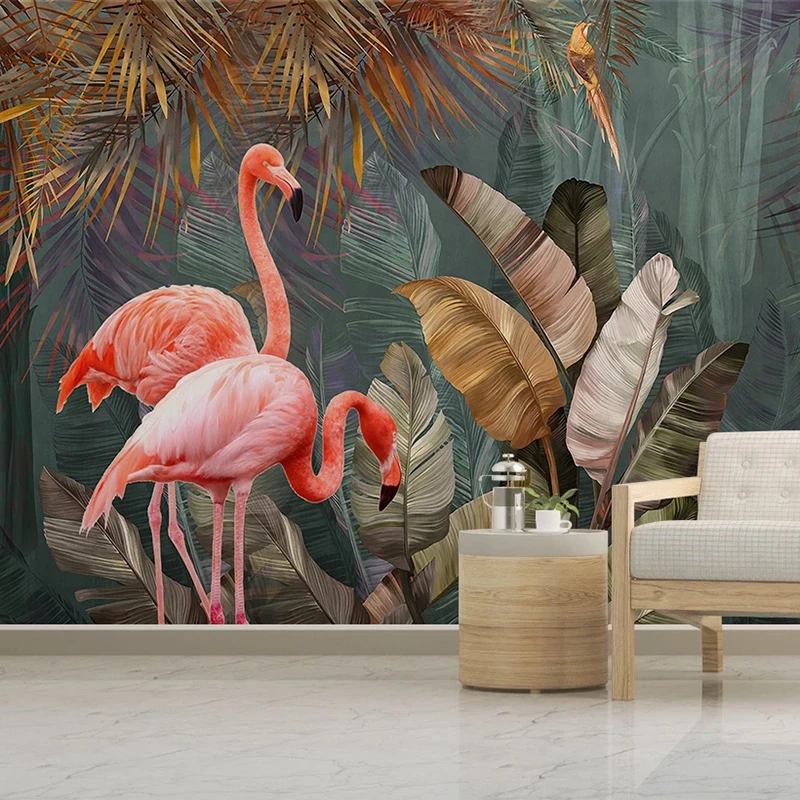 Custom 3D Poster Mural Wallpaper Tropical Plant Forest Banana Leaf Flamingo Photo Wall Papers Home Decor For Living Room Bedroom