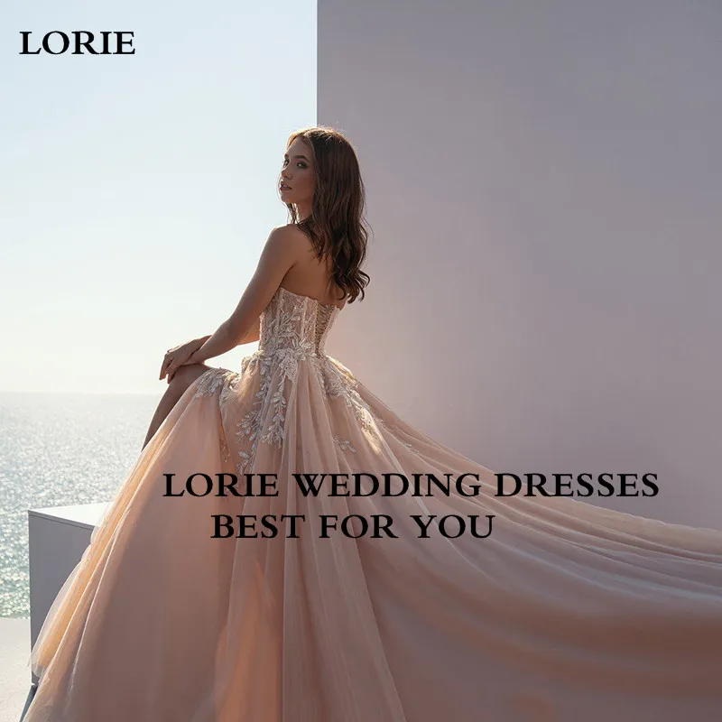 Lorie champagne praia querida vestidos de casamento 2022 a linha appliqued laço vestido de noiva longo lado split boho vestidos de casamento