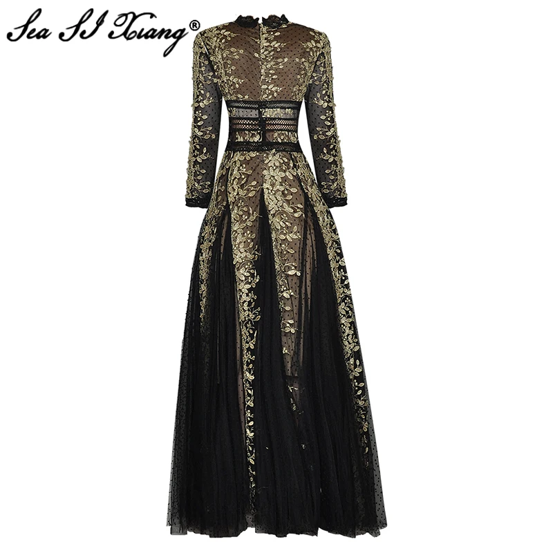 Seasixiang Fashion Designer Autumn Long Dress Women V-Neck Long Sleeve Floral Embroidery Black Mesh Party Dresses