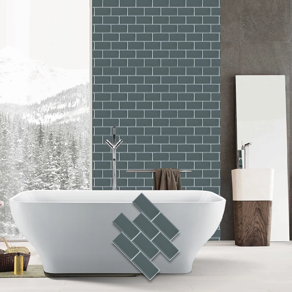 بلاط سميك مقاوم للماء باللون الرمادي والأزرق قابل للتقشير واللصق، بلاط مترو الانفاق ذاتي اللصق للمطبخ باكسبلاش #5