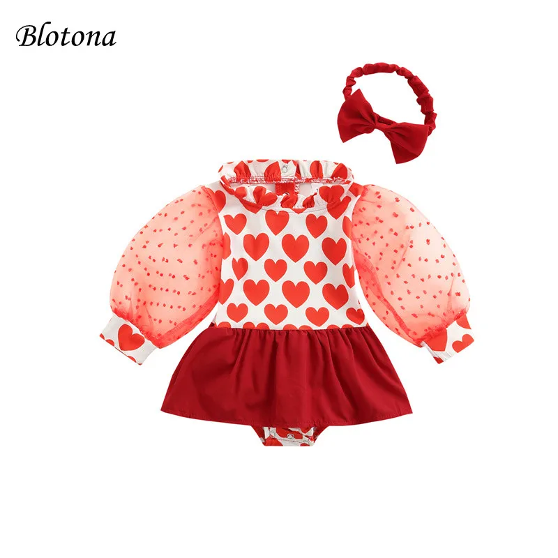 

Blotona 2Pcs Baby Girls Valentine's Day Outfit, Love Heart Print Stand-Collar Long Sleeve Snaps Romper Dress + Hairband, 0-12M