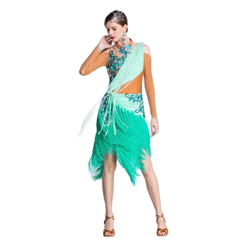 L-18293 Girls Adult Modern Ballroom Sexy Fringe Latin Dance Dress Tassel Fringe Salsa Tango Dance Wear Performance Dress