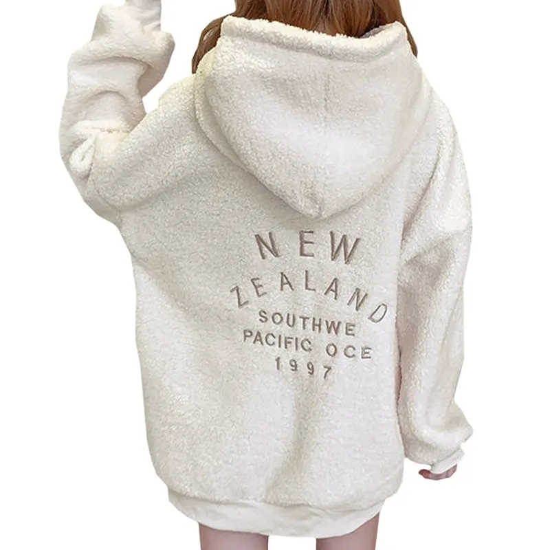 Lamb Wool Gentle Keep Warm Winter Hoodie Sweatshirt Embroidered Letters New Zealand Southwe Harajuku Pullover Casual Female 2021