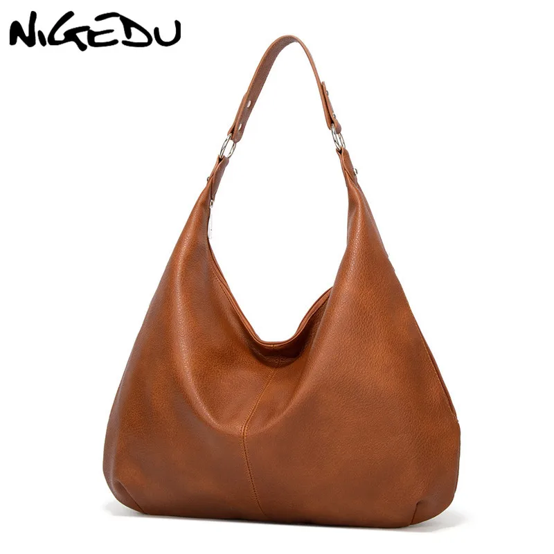 NIGEDU brand design women totes Large capacity soft PU leather female handbag big shopping bag ladies Shoulder bags bolsas black