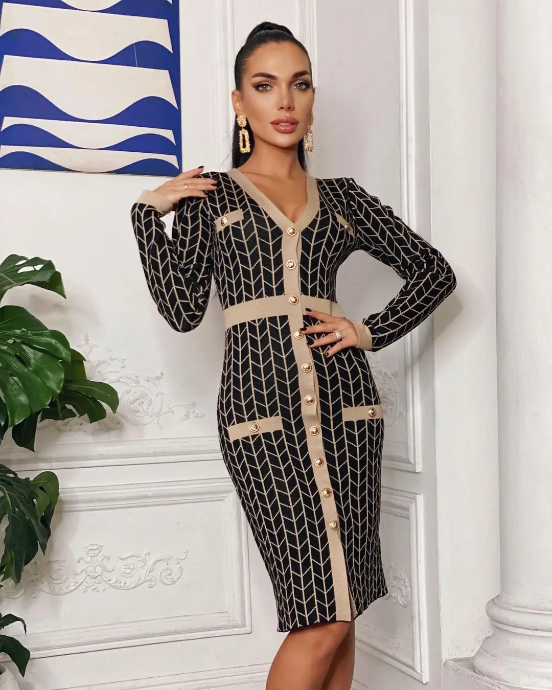 Vintage Ladies Long Sweater Dress Elegant Plaid Long Sleeve Knitted Dresses Bodycon Slit Sexy Nightclub Party Dress For Women